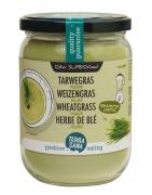 Raw tarwegras poeder in glas bioVoeding8713576239058